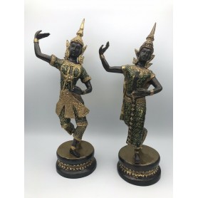 PAIRE de DANSEUSES THAÏ en BRONZE Et  Dorures - Collection Statuettes Asie 31Cm